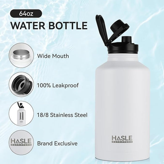 HASLE OUTFITTERS Half Gallon Insulated Water Bottles 64 oz, Stainless Steel Metal Water Jug with 2 Lids Keep Cold 48h/Hot 24h, Leak Proof & BPA-Free Water Flask Jug(White,1)