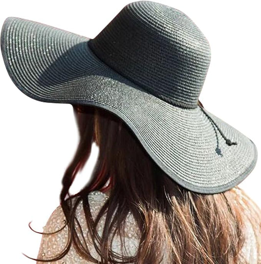 Lanzom Womens Wide Brim Straw Hat Big Floppy Foldable Roll up Cap Beach Sun Hat UPF 50+