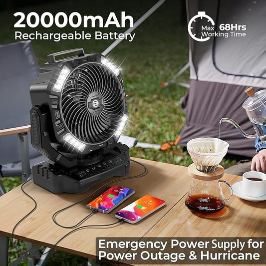 20000mAh Camping Fan with Light - 12in Rechargeable Battery Powered Fan (68H Cool Max), 90°Auto Oscillating with Remote & Hook, 4 Speeds & Timers for Outdoor/Patio/Garage/Jobsite/Hurricane/Outage