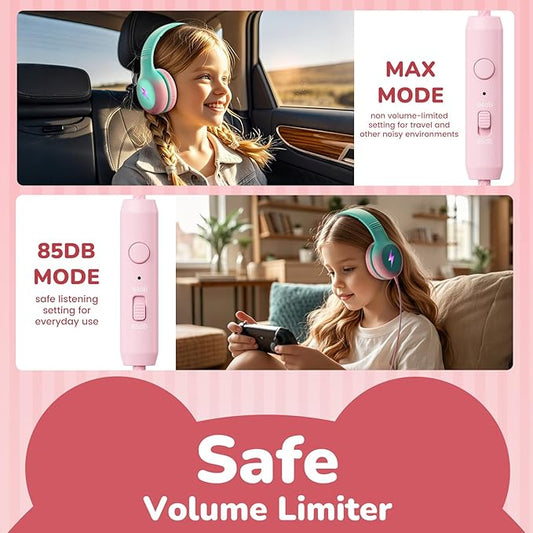 Kids USB C Headphones for School, 2025 Upgrade Safe Listening Wired Over-Ear Headphones with LED Lights, Volume Limiter & Microphone, Foldable Design for iPhone 16, iPad, Tablet (Green Pink)