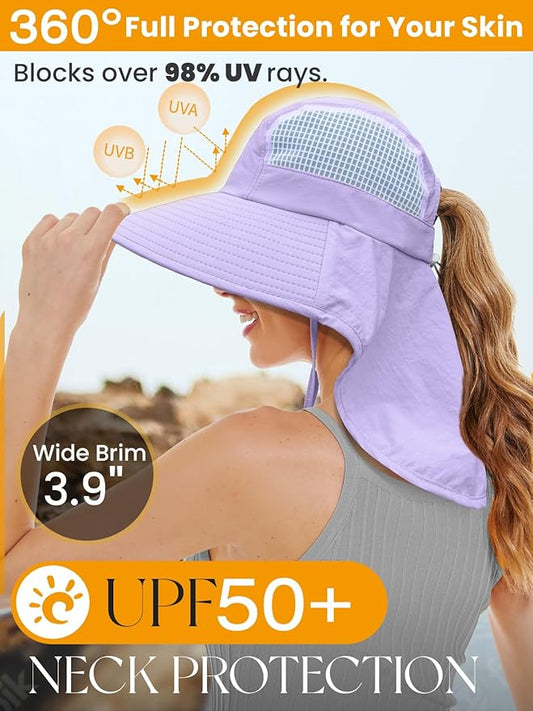 Sun Hats for Women UV Protection with Neck Flap Wide Brim Beach Hats with Ponytail Hole for Hiking Fishing Gardening Travel