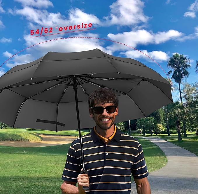 MRTLLOA 49/54/62 Inch Large Folding Golf Umbrella, Oversize Double Canopy Vented 10 Ribs Windproof Compact Travel Umbrellas for Rain
