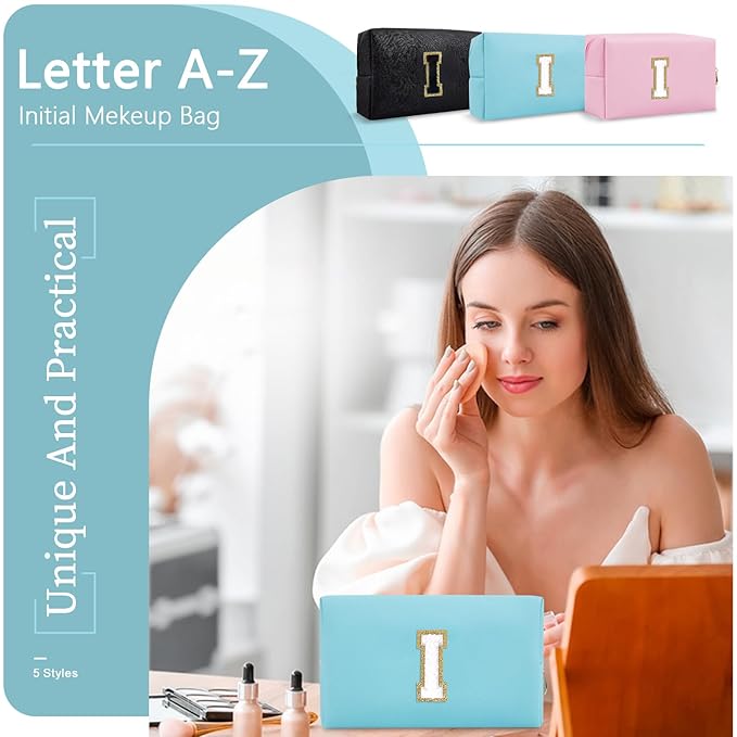 Small Personalized Initial A-Z Preppy Patch Makeup Bag,PU Chenille Letter Travel Cosmetic Pouch with Zipper,Blue Cute Toiletry Bag,Gift Ideal for Teen Girls Women Teacher Bridesmaid,Letter I