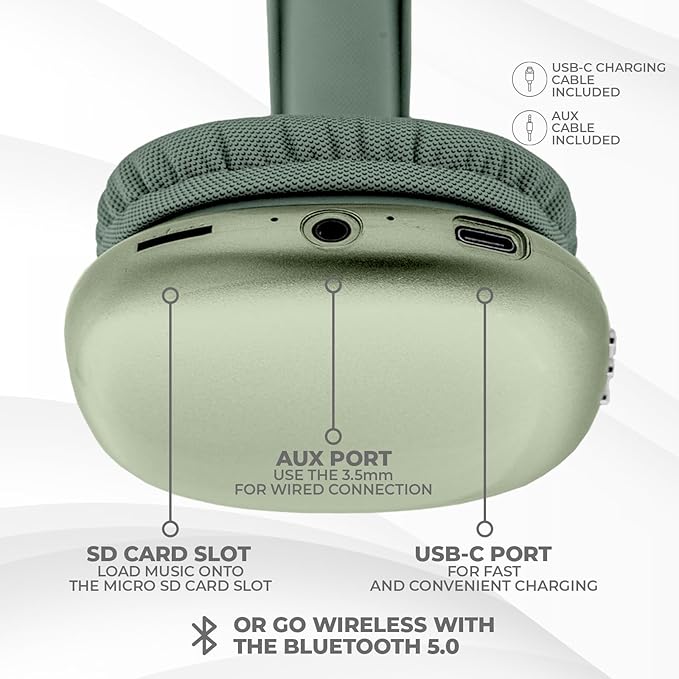 iJoy Ultra Wireless Over-Ear Bluetooth Headphones with Mic, Up to 10 Hours Playtime, Bluetooth Headset 33Ft Range with Backup AUX Cable & SD Slot, Wireless Headphones for Gaming, Work & Gym (Green)