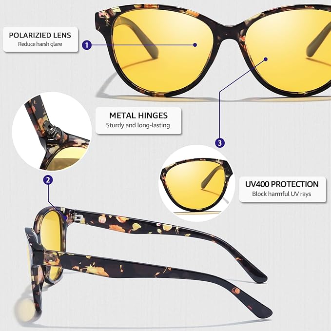 Myiaur Night Vision Driving Glasses for Women, Polarized Anti Glare Yellow Lens Glasses for Nighttime, UV400 Protection