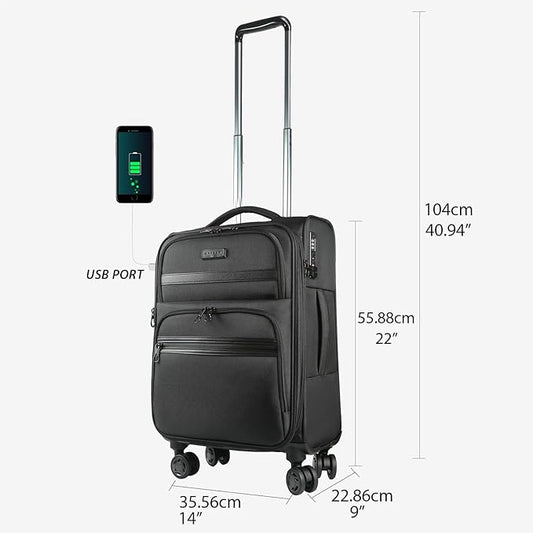 KROSER Softside Expandable Carry On Luggage with Front Business Pockets,20 Inch Suitcases with Spinner Wheels & Built-in TSA Lock, Durable Suitcase Rolling Luggage with USB Port, Black