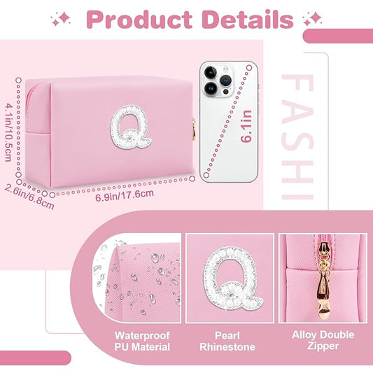 ChaoGreat Bride Gifts โ Personalized Initial Makeup Bag with Pearl Rhinestone Patch, Preppy Pink Monogram Cosmetic/Toiletry Pouch, bridesmaid Gifts, Bridal Shower Gifts, Wedding Gifts, Bridal Gifts,Q