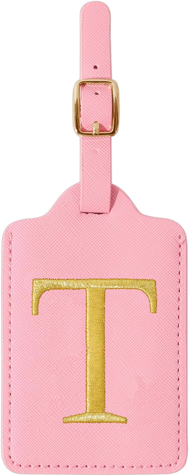 Personalized Initial Luggage Tags for Suitcase, Pink Leather Cute Luggage Tags with Privacy Cover Name Card, Embroidered Custom Monogrammed Luggage Tag Travel Bag Baggage Tags Gifts for Women Kids(T)
