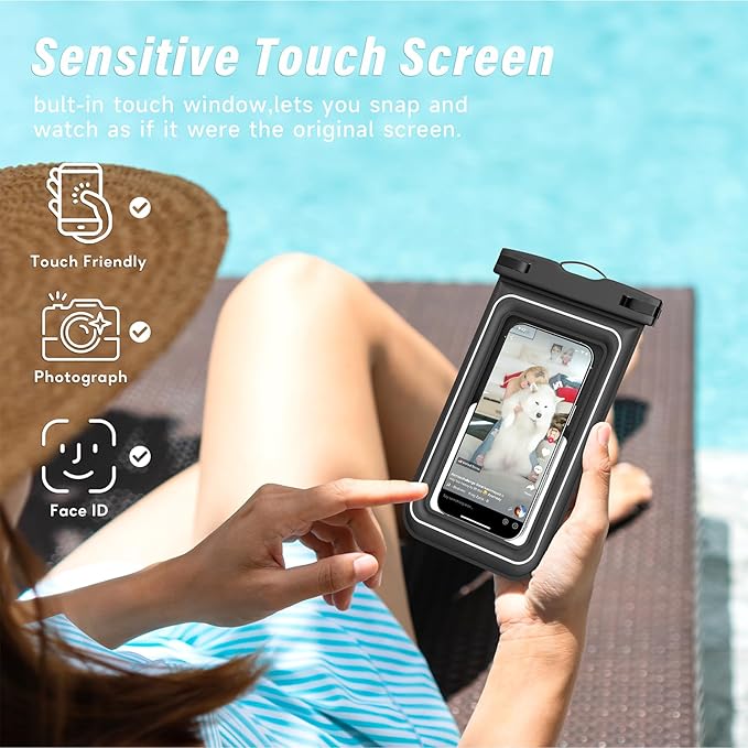 Waterproof Phone Pouch - 2 Pack IP68 Floating Waterproof Phone Case, Dry Bag Beach Cruise Essentials with Adjustable Lanyard for iPhone 16 Pro Max / 15 Pro / Galaxy S24 S23 (Black and Black)