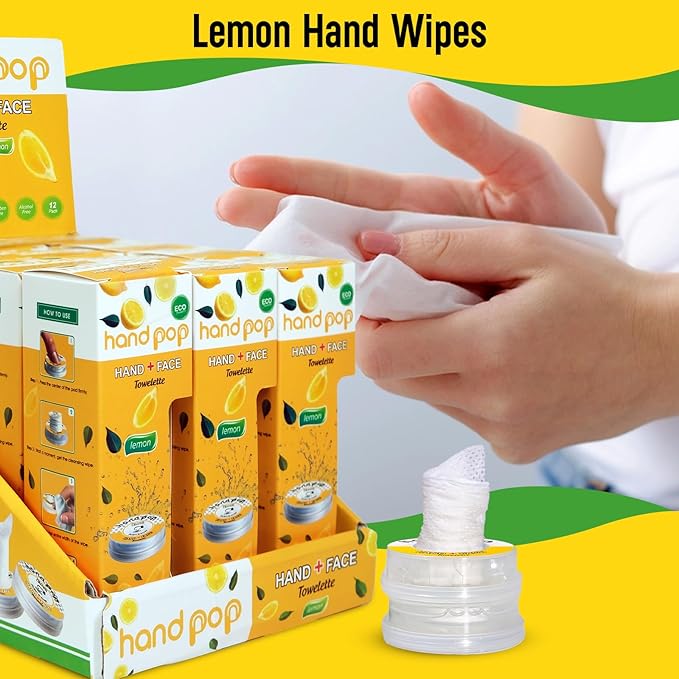 Hand Pop Lemon Wipes Bulk Pack β 120 Individually Wrapped Refreshing Wet Towelettes (12 Boxes of 10) β Alcohol-Free, Skin-Friendly, Travel Size Wipes for Home, Office, Events & Gifting