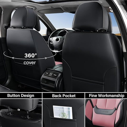 Coverado Universal Seat Covers Full Set, 5 Seats Universal Seat Covers for Cars, Waterproof Nappa Leather Car Seat Covers with Head Pillow, Auto Protectors Fit for Most Pick-up Truck, Black&Pink