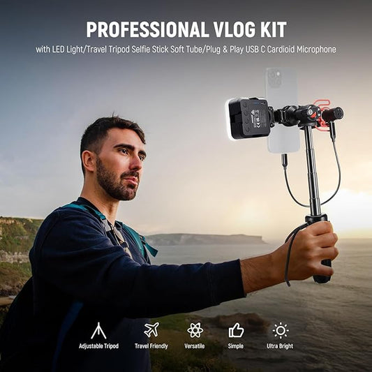 NEEWER Phone Vlogging Kit, Content Creator Essentials Kit for YouTube with LED Light, Selfie Stick Travel Tripod, Flexible Soft Tube, USB C Cardioid Microphone for iPhone, Android, Podcast, PA045