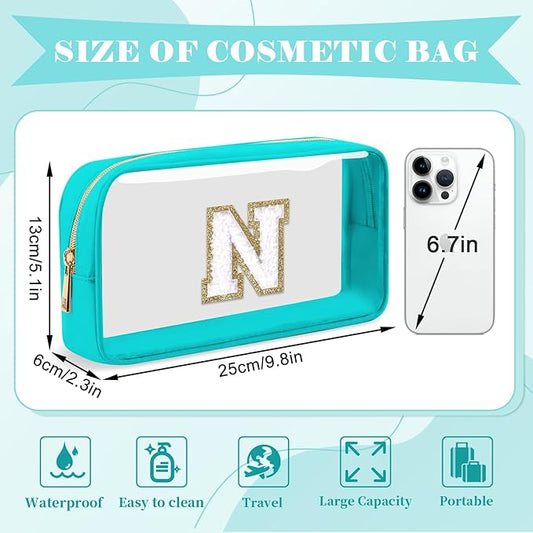 Personalized Initial Letter Clear Makeup Bag,Preppy Small Nylon&PVC Cosmetic Zipper Bag with Chenille Letter,Portable Beach Travel Skincare Toiletry Bag,Trendy Monogram Gift for Teen Girls Women,N