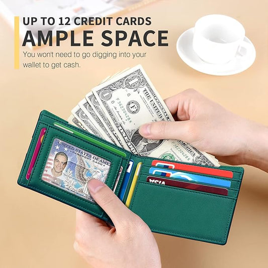 RUNBOX Wallet for Men Slim 11 Credit Card Holder Slots Leather RFID Blocking Small Thin Men's Wallet Bifold Minimalist Front Pocket Large Capacity Gift Box