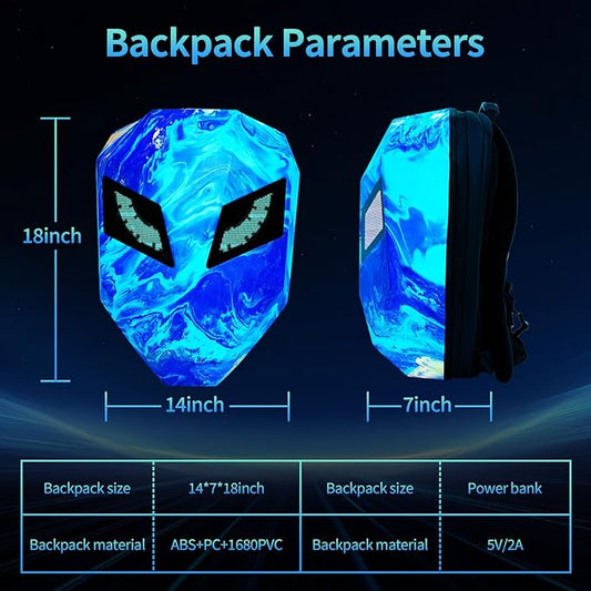 Motorcycle Backpack with LED Eyes, DIY Laptop Backpack for Riding, Cycling, Travel, Waterproof Hard Case Motorbike Bag, Large Size 19" SBlue