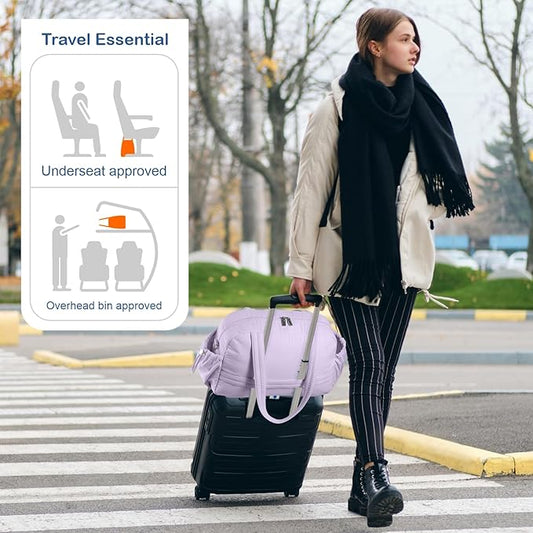 TOPDesign Travel Duffel Bag for Women, Puffer Gym Bag Sports Tote with Wet Pocket, Carry On Weekender with Luggage Sleeve (Light Purple)