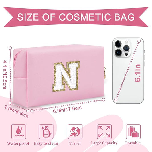 Personalized Initial A-Z Preppy Patch Makeup Bag,Small PU Chenille Letter Cosmetic Bag with Zipper for Teen Girls,Pink Cute Toiletry Organizer Bag,Monogram Makeup Case Gift for Women Girls,Letter N