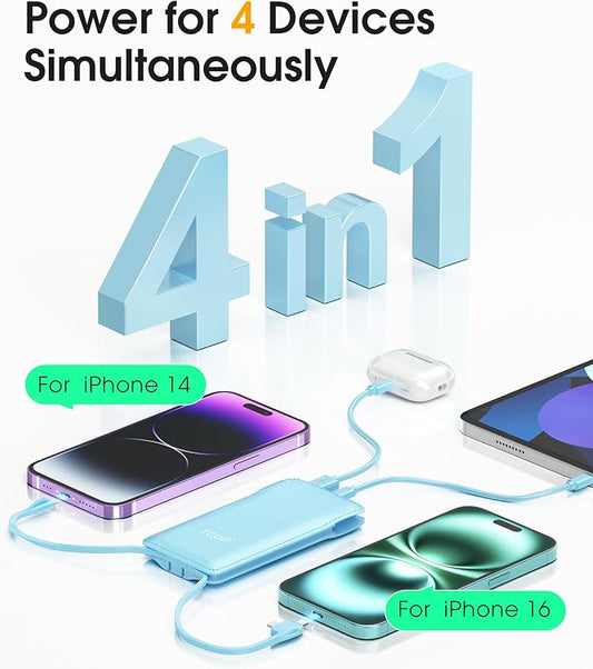 TG90Β° 10000mAh Power Bank with Built-in AC Wall Plug and Cables, Ultra Slim Phone External Battery Pack Portable Charger Compatible with iPhone and Android Devices