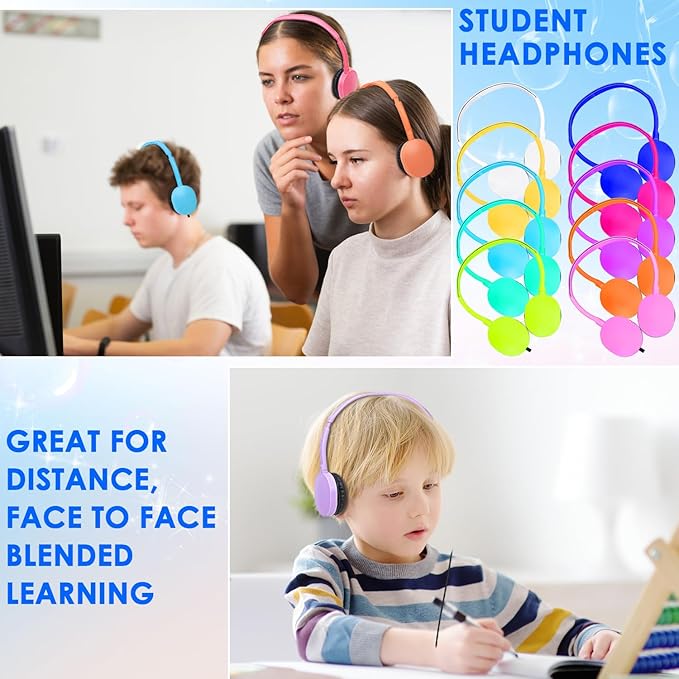 Bulk Headphones 50 Pack Multi Colored for Classroom Kids, Wholesale Wired Adjustable Headphones Earphones for Students, Schools, Children, Libraries, Museums