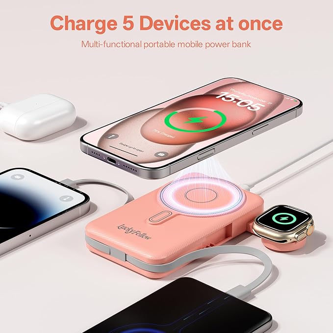 Magnetic 10000mAh Portable Charger Built-in Cables Compatible with iWath, iPhone and Android Devices, 22.5W PD Fast Charging External Battery Pack Slim Wireless Power Bank