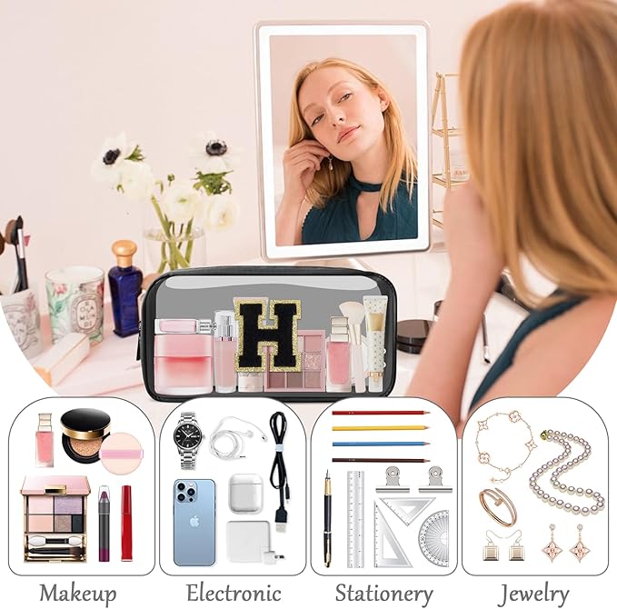 Personalized Initial Letter Clear Makeup Bag,Preppy Small Nylon&PVC Cosmetic Zipper Bag with Chenille Letter,Travel Skincare Toiletry Bag,Monogram Christmas Gift for Teen Girls Women,H