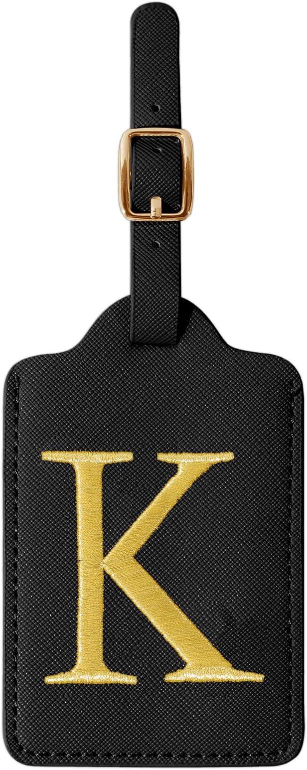 Personalized Initial Luggage Tags for Suitcase TSA Approved, Black Leather Cute Luggage Tag with Privacy Cover Name Card, Embroidered Custom Luggage Tags Travel Backpack Tags Gifts for Women Kids(K)