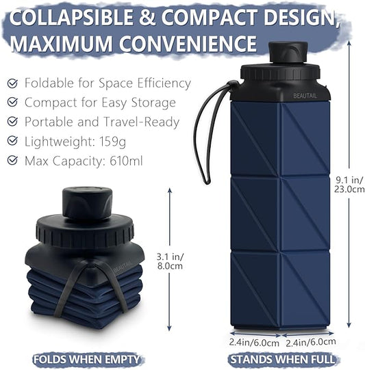 Collapsible Water Bottles, Silicone Foldable Water Bottle 610ml, BPA-Free Portable Reusable Leakproof Bottle for Gym Travel Camping Hiking Sports Outdoor, 1 Pack (Dark Blue)
