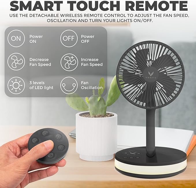 VENTY Portable Fan - Wireless Battery Operated Fan - 4 Speeds - LED Lighting - Carry Case & Remote Control - Cruise Travel - Outdoor Travel RV Power Bank With USB-C Port (Black with Case)