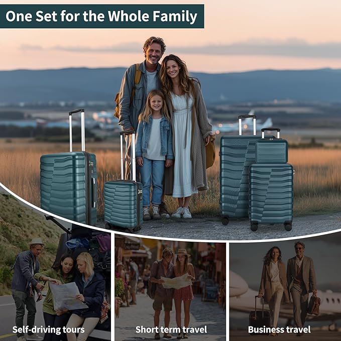 5-Piece Luggage Set, Lightweight ABS+PC Hard Shell Suitcase with YKK Zipper & TSA Lock for Family, Teal Blue, 14in/18in/20in/24in/28in