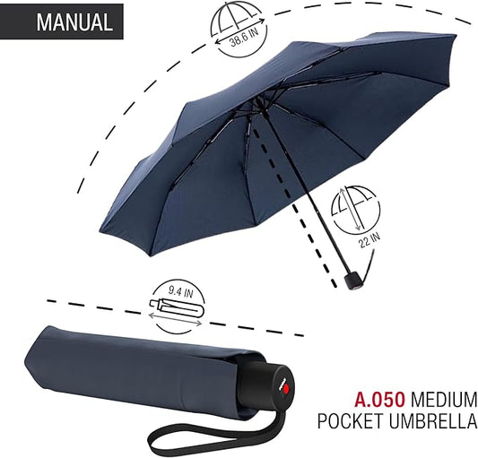Knirps A.050 Navy Manual Open Close Travel Rain Umbrella for Adults – Ultra Lightweight, Compact Windproof 38.5" Water Resistant Canopy, Steel Aluminum Frame, Travel Case Included
