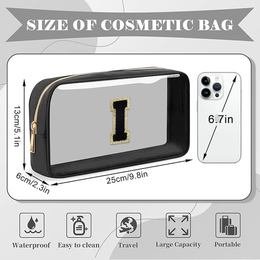 Personalized Initial Letter Clear Makeup Bag,Preppy Small Nylon&PVC Cosmetic Zipper Bag with Chenille Letter,Travel Skincare Toiletry Bag,Monogram Christmas Gift for Teen Girls Women,I