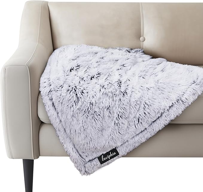 Luciphia Large Waterproof Dog Blanket Pet Washable Liquid Proof Furniture Protector Small Shaggy Plush Calming Long Faux Fur Bed Cover for Couch Cat Blankets for Kitten Doggy, Mist Grey, 30" x 40"