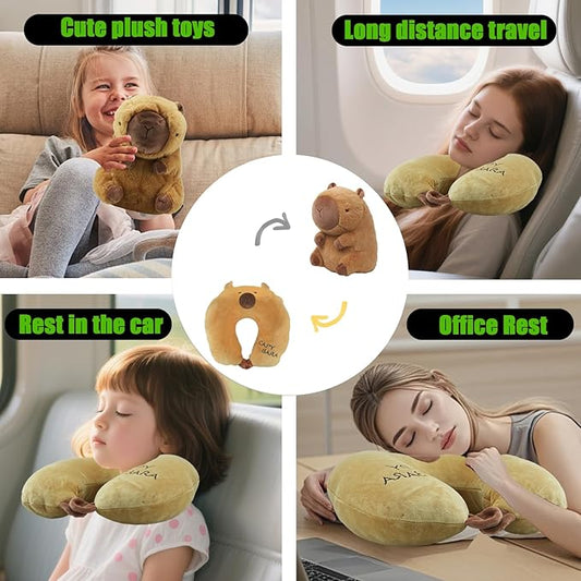 Travel Pillow for Kids & Adults Car Neck Pillow Memory Cotton U-Shaped Neck Pillow Soft Head Support Travel Accessories for Airplane Car Train Bus (Capybara)
