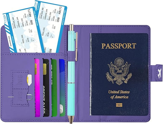 Passport Holder, Travel Wallet Cover with Pen Loop | Cute RFID Blocking Leather Case with Magnetic Closure for Travel Essentials-Purple