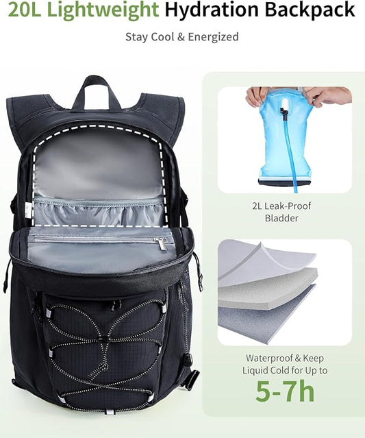 ECOHUB Hydration Backpack for Men Women, 20L Lightweight Hiking Daypack Cycling Backpack with 2L Water Bladder, Insulated Hydration Pack with Waist Pack
