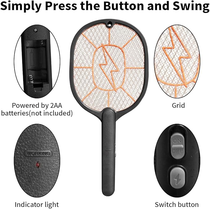 Electric Fly Swatter 2 Pack (Black & Gray), High-Voltage Bug Zapper Racket for Mosquitoes & Flies, Safe Protective Mesh, Indoor/Outdoor AA Batteries Required, Not Included