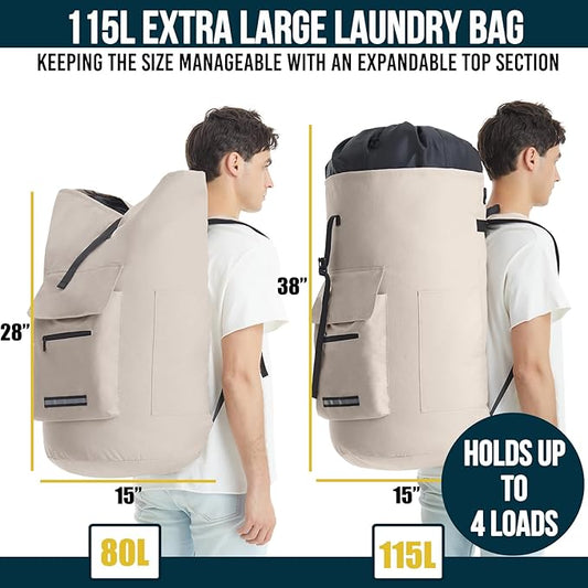 Laundry Bag Extra Large Heavy Duty, 115L Laundry Backpack, College Laundry Bag with Straps, Backpack Laundry Bags with 4 Pockets, Dorm Essential, Laundry Bags for Dorm Room, Apartment, Laundromat