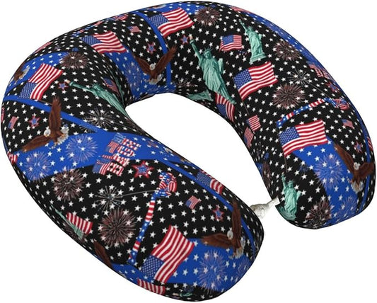 Comfortable Travel Pillow for Pain Relief Sleeping, Memory Foam Airplane Car Neck Pain Pillows Thin Blue Line American Flag and Bald Eagle, Funny Chin Head Support Cushion