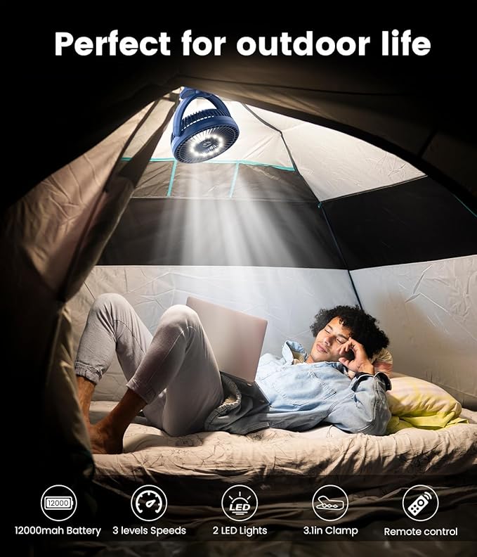 8-inch Clip-on Fan - 12000mAh Portable Rechargeable Battery, 3 Speeds, Strong Airflow, USB, Small Desk, Personal Quiet for Office, Stroller, Bedroom and Camping
