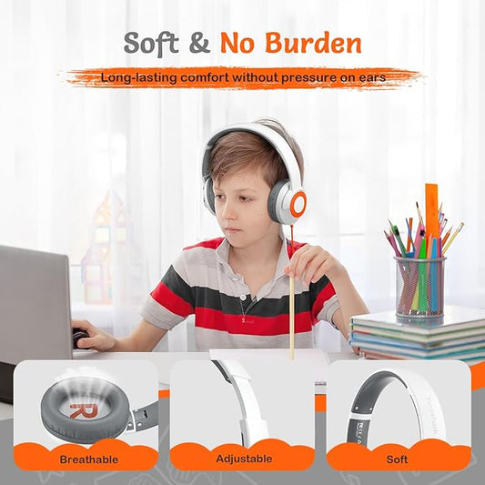 Kids Wired Headphones with Microphone, Volume Limited to 85/94dB, Foldable 3.5mm Jack Headset for Girls, Pink Over-Ear Headphones for School, Study & Travel, Includes Carry Case(White)