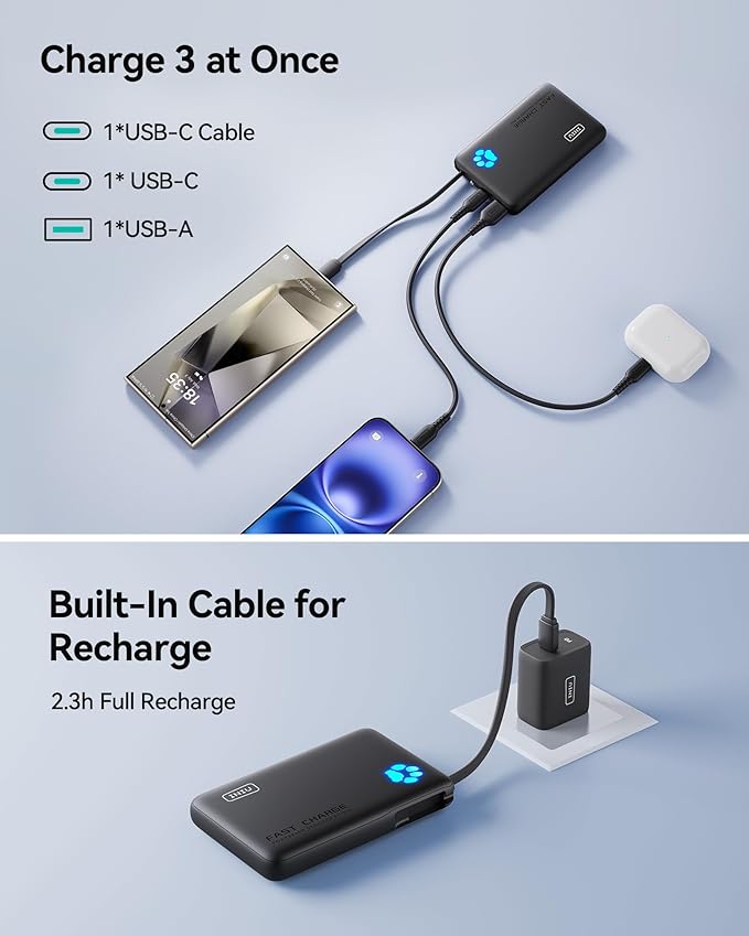 INIU Portable Charger, Slim 10000mAh Power Bank with Built-in USB-C, 45W Fast Charging Flight Travel Essentials, for College Students Men Women Girl Boy