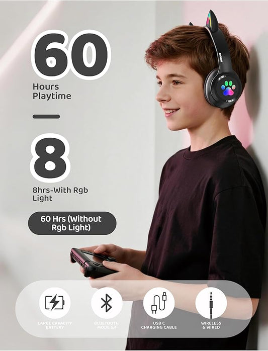 MIDOLA Kids Headphones Cat Ear Wireless Bluetooth 5.3 60H Over Ear, 8H with Led Light Foldable Headset with Aux 3.5mm Mic for Travel Pad Tablet Black