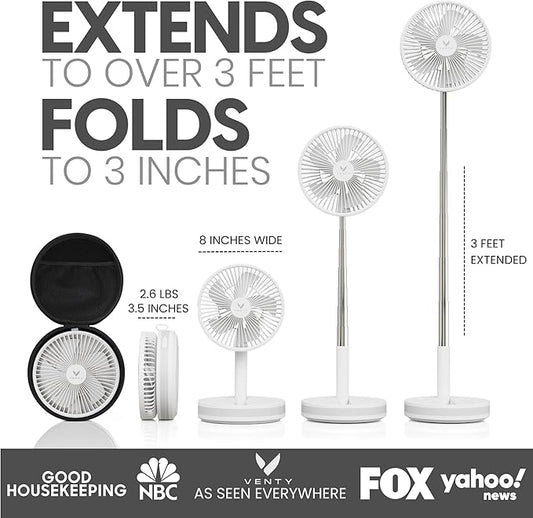 VENTY Portable Fan - Wireless Battery Operated Fan - 4 Speeds - LED Lighting - Carry Case & Remote Control - Cruise Travel - Outdoor Travel RV Power Bank With USB-C Port (White with Case)