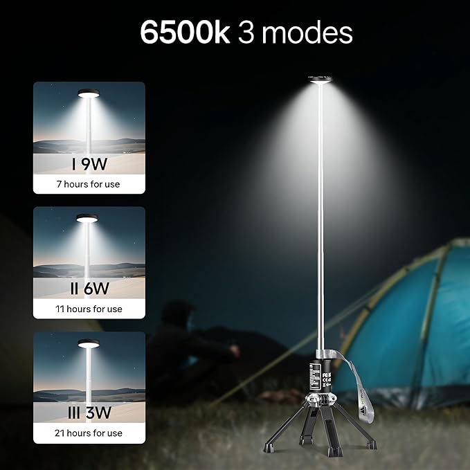 Telescopic Camping Light, Rechargeable Camping Lantern with 20000mAh Battery, Portable Camp Light Outdoor Waterproof with 3 Modes, Camping Light for Emergency, Camping, Hiking(Bag Included)