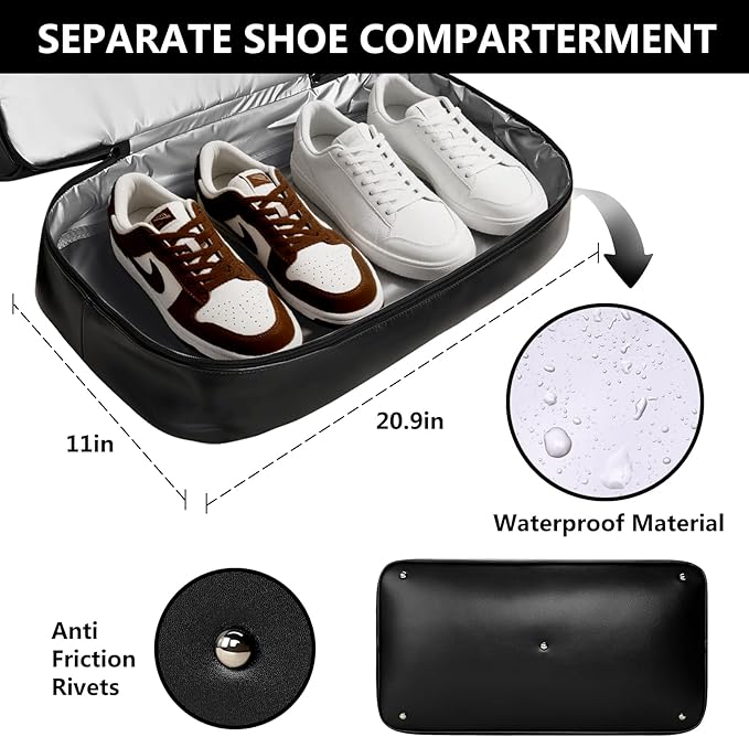 4PCS Leather Duffle Bags, Weekender Bag for Women Men, Large Travel Duffel-Overnight Bag with Toiletry, Makeup, Shoulder Bag, Faux Leather Carry On with Shoe Compartment (Black)