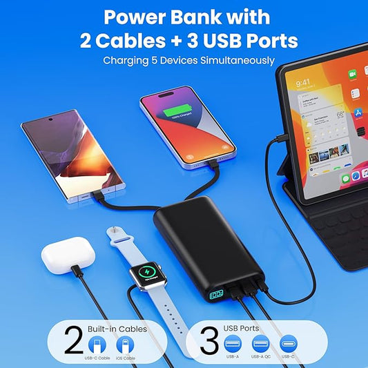 Portable Charger 40,800mAh Power Bank with Built-in Cables,5 USB Output Battery Pack Backup,25W PD USB C Phone Charging LCD Display Compatible with iPhone 17/16/15/14/13 Pro,Android Galaxy Pixel Nexus