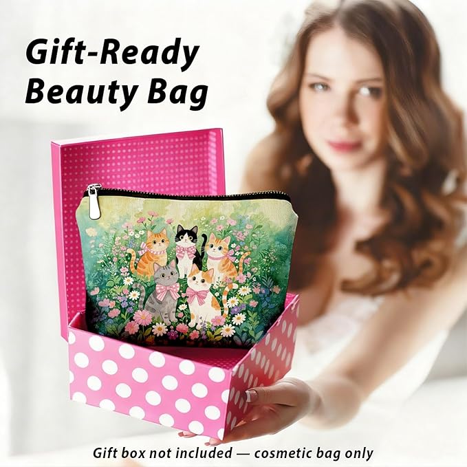 Cute Cat Flower Small Makeup Bag for Women, Kitty Cosmetic Zipper Travel Toiletry Bag for Daughters, Friends, Cats Girl & Women. Ideal Gifts For Travel, Birthdays, Graduation & Christmas.