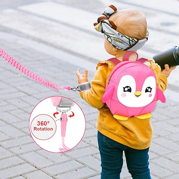Accmor Toddler Harness Backpack Leash, Cute Penguin Kid Backpacks with Anti Lost Wrist Link, Mini Child Backpack Harness Leashes Walking Wristband Rope Travel Bag Harness Rein for Baby Girls (Pink)