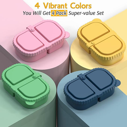 ICEROYCE 4 Pack Silicone Snack Containers with Lids, Double Compartment Snack Containers for Sauce, Reusable Silicone Food Storage Box for Lunch Office Travel