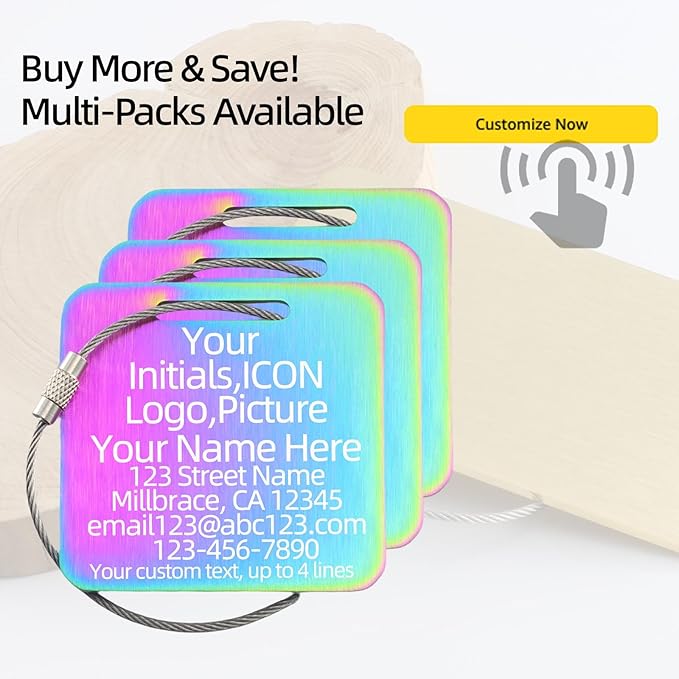 Sturdy and Durable Personalized Luggage Tags for Suitcases,Cruise Essentials Travel Tags for Luggage,Travel Bag Labels,Heavy-Duty Stainless Steel Colorfull Square Suitcases Tags